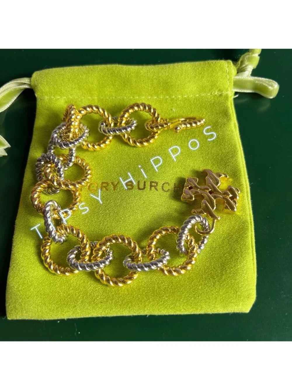 Tory Burch Gold & Silver Twist Rope Chain Bracelet With Logo Pendant In Gift Pou